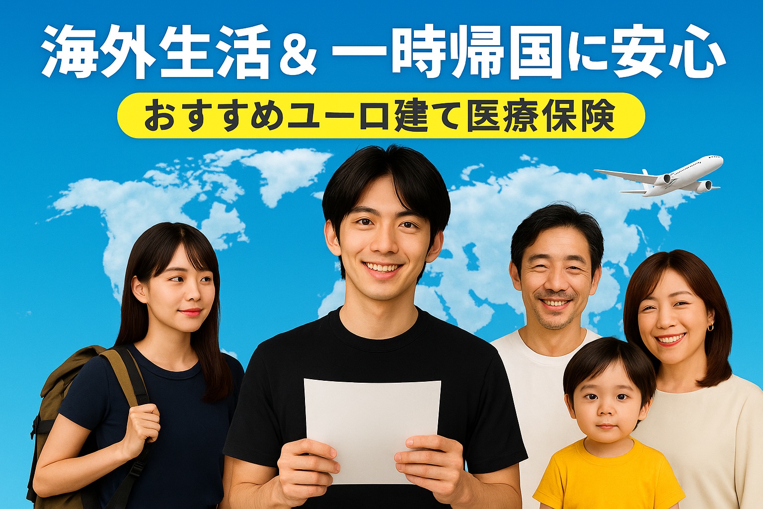世界地図を背景にした家族と若者たちの集合写真。「海外生活＆一時帰国に安心 おすすめユーロ建て医療保険」の文字入り