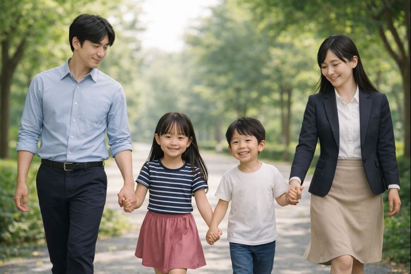 公園を手をつないで歩く家族の写真。大人2人と10歳未満の子ども2人が並んで歩いている様子
