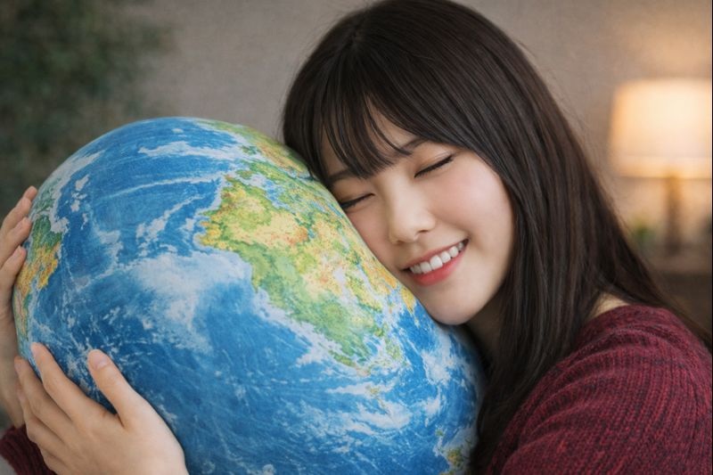 地球儀の形をしたクッションに顔をうずめてリラックスする日本人女性の実写イメージ