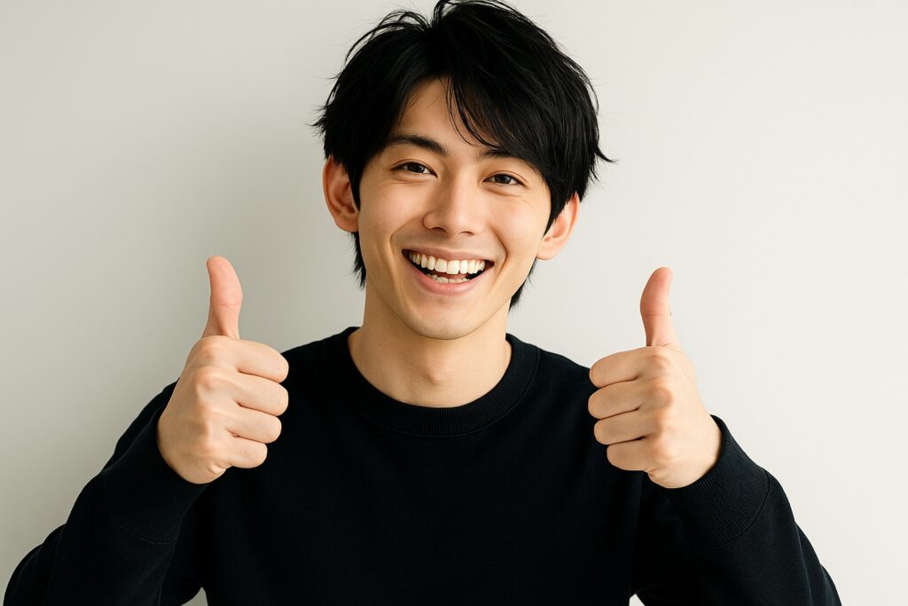 両手で親指を立てて笑顔を見せる男性。満足そうな表情。