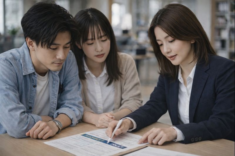 保険代理店の女性が、テーブルに並んで座る若いカップルに保険書類を指さしながら説明している様子