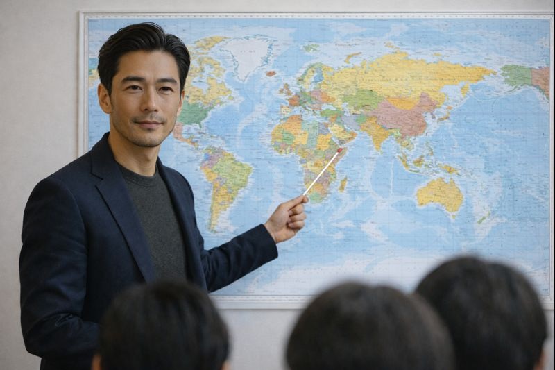 日本中心の世界地図を背景に、スーツ姿の男性講師が差し棒を使ってプレゼンをしている様子