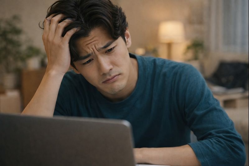 パソコンを見ながら困った表情をしている日本人男性