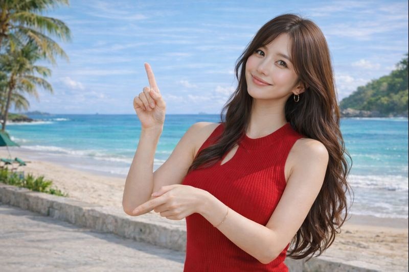 海を背景に、指で上と下を示す女性のイメージ