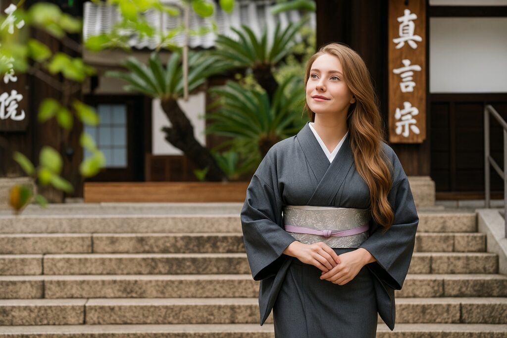 和装姿で寺院を訪れる女性の姿