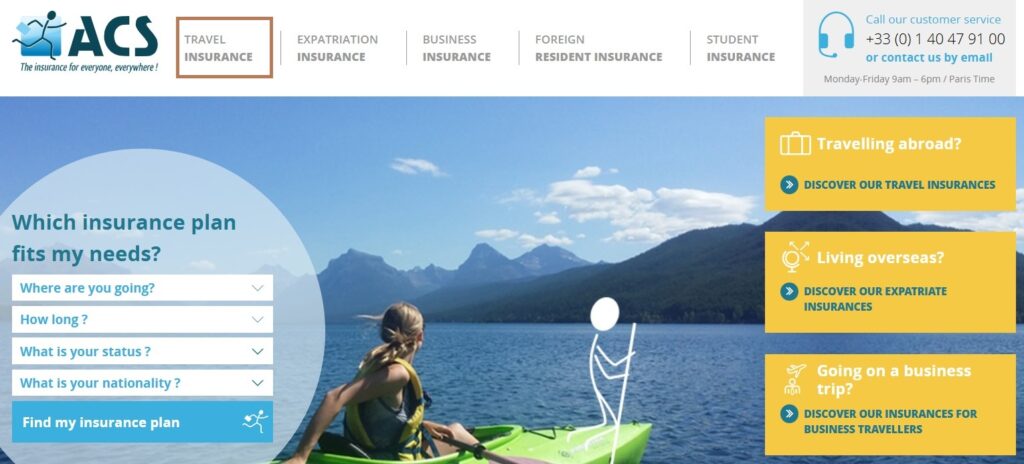 ACSの公式サイトで「Globe Partner」または「Globe Traveller」の保険プランを選択する画面