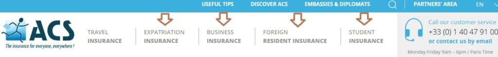 ACS保険の公式サイトメニュー画面。「Travel」「Expatriation」「Business」「Resident」「Student」保険カテゴリーが表示。
