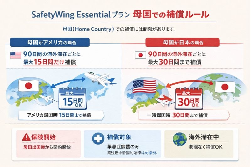 Essentialプランの「母国」扱いと補償制限を説明する図解：補償期間、対象国、帰国時の注意点を視覚的に整理
