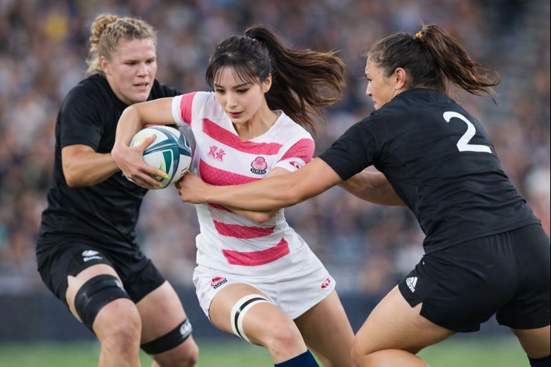 激しいコンタクトのあるスポーツで、ボールを持って前進する女性選手の実写イメージ