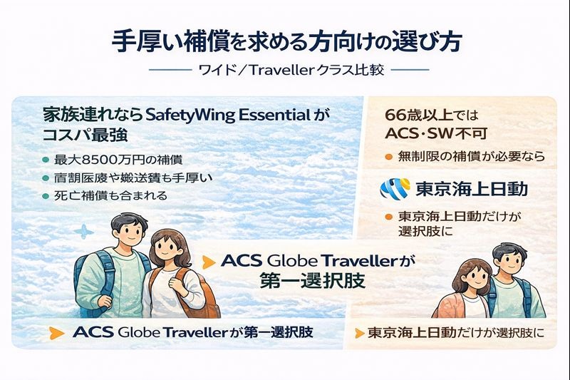 手厚い補償を求める方向けに、ACS Globe Travellerと東京海上日動の選び方を比較した図解