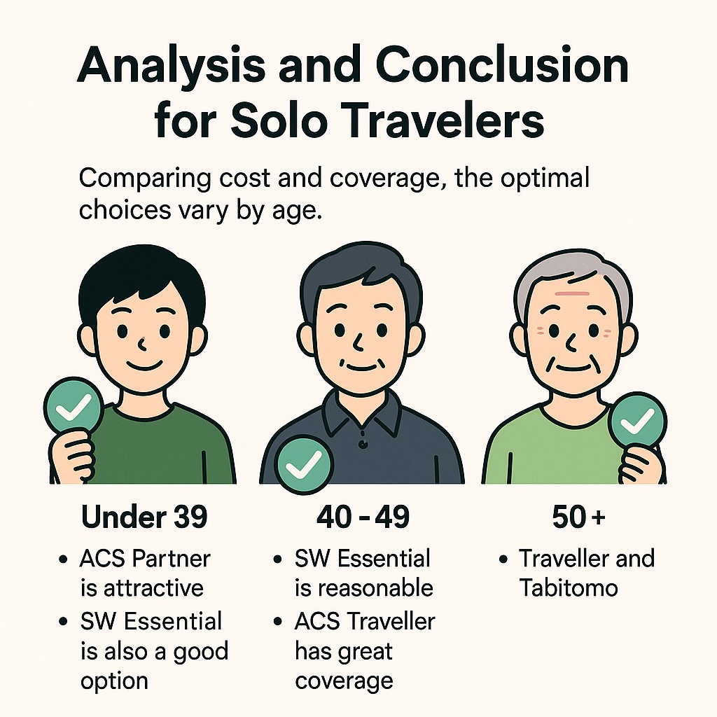 図解：年齢別におすすめの海外旅行保険を示すイラスト（単身旅行者向け）