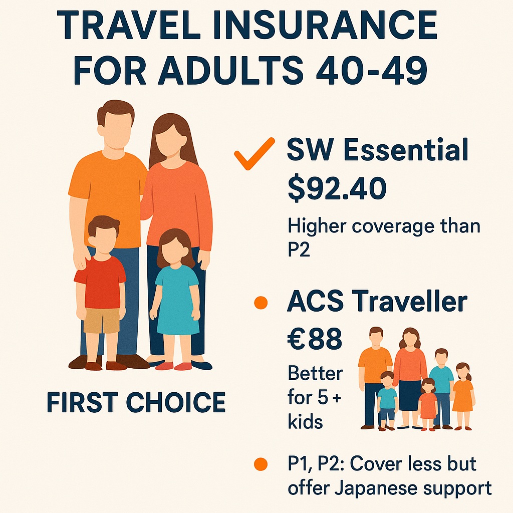図解：40代の家族旅行に最適な海外旅行保険：SW EssentialとACS Travellerの比較