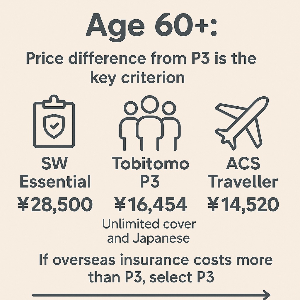 図解：60歳以上の旅行者向け海外保険比較：SW Essential・たびともP3・ACS Travellerの保険料と選び方の基準