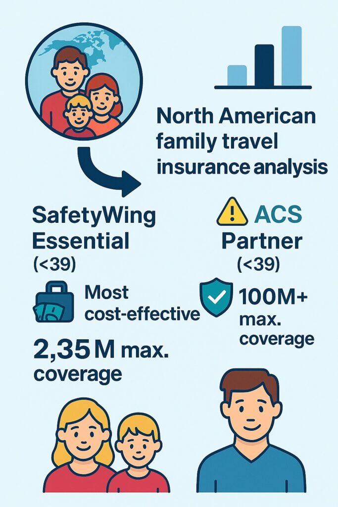 39歳以下の大人向け北米家族旅行保険の比較図：SafetyWingとACS Partnerの補償額とコスト効率を比較