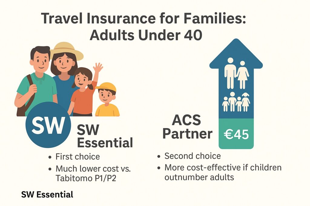図解：子ども連れ家族旅行における保険比較：SW EssentialとACS Partnerの選択