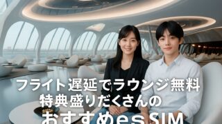 フライト遅延時に便利な特典付きesimを紹介する空港ラウンジの広告画像