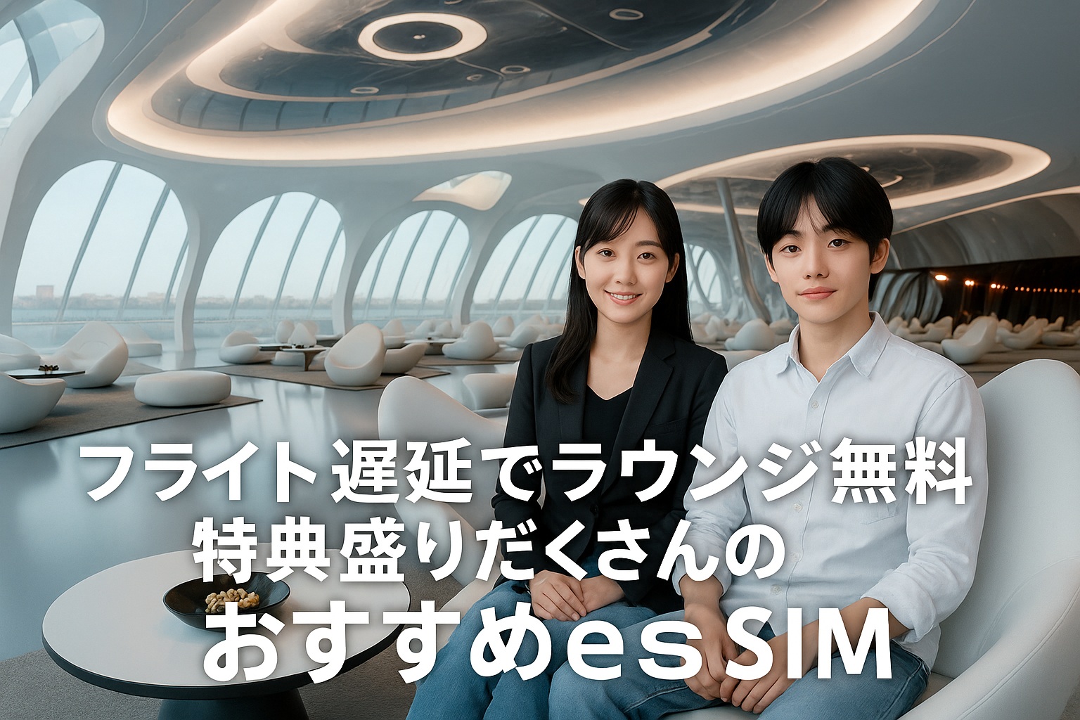 最新鋭の空港ラウンジでくつろぐカップルと「フライト遅延でラウンジ無料 特典盛りだくさんのおすすめeSIM」の文字