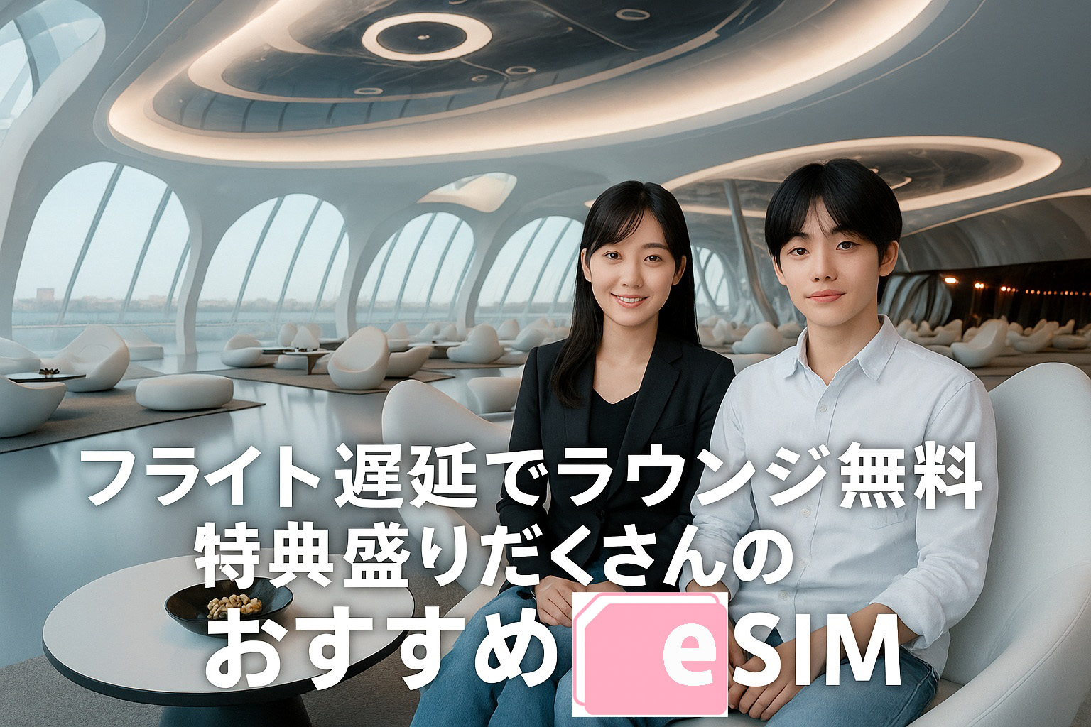 最新鋭の空港ラウンジでくつろぐカップルと「フライト遅延でラウンジ無料 特典盛りだくさんのおすすめeSIM」の文字