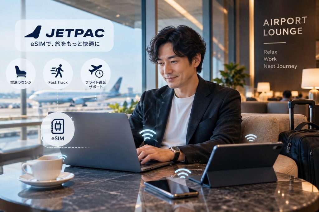 空港ラウンジでeSIMのテザリングを使いパソコンとタブレットをインターネットに接続する男性