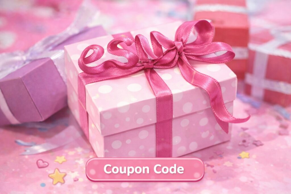 eSIMクーポンをイメージしたピンクのギフトボックスとリボン装飾（Coupon Code表示）