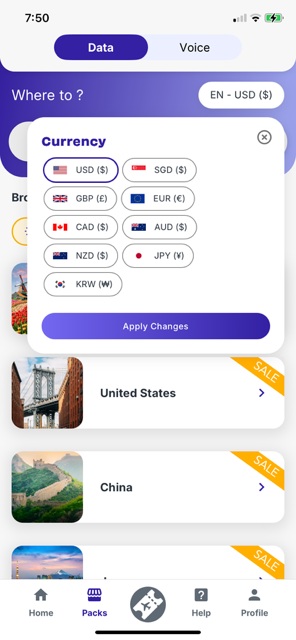 Jetpacアプリでの通貨選択画面(日本円・米ドルなど対応)