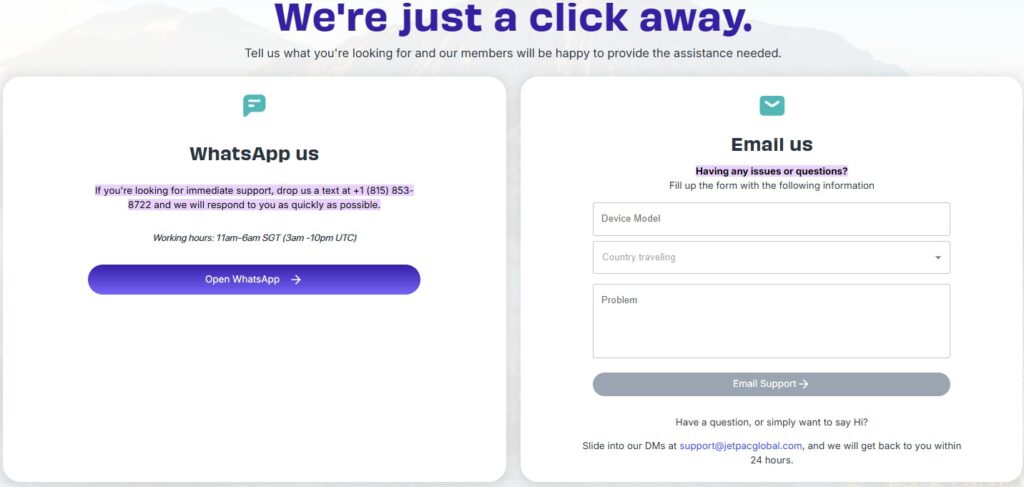 Jetpac公式サポート画面:WhatsAppまたはメールでの問い合わせ方法を案内