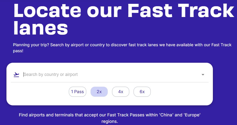 Jetpac公式サイトのFast Track検索画面。国名や空港名を英語で入力して利用可能な空港を調べるフォーム。