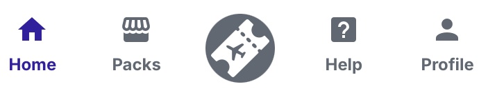 JETPACアプリのフッターメニュー。左から順に、Home、Packs、Trips、Help、Profileの5つのアイコン。