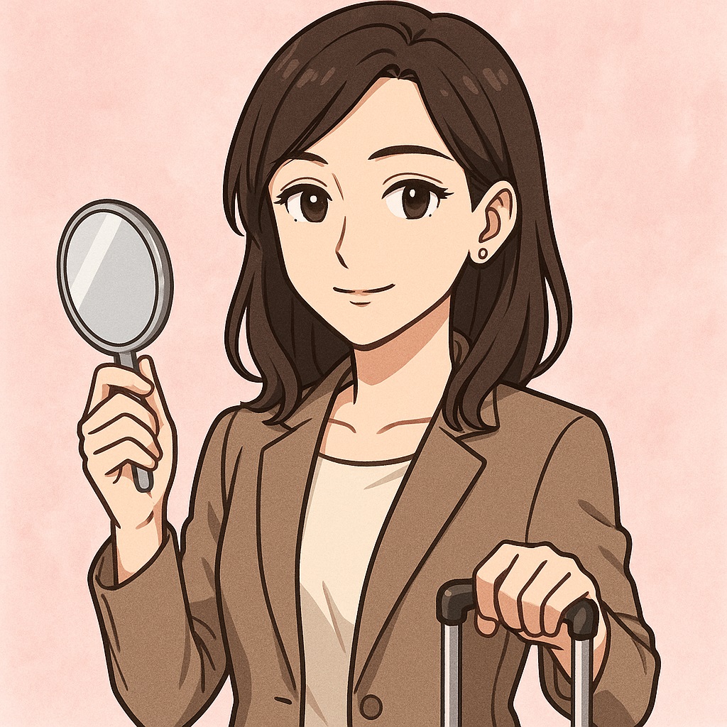 スーツケースを持ち、手鏡を持った落ち着いた雰囲気のアニメ風女性キャラクター