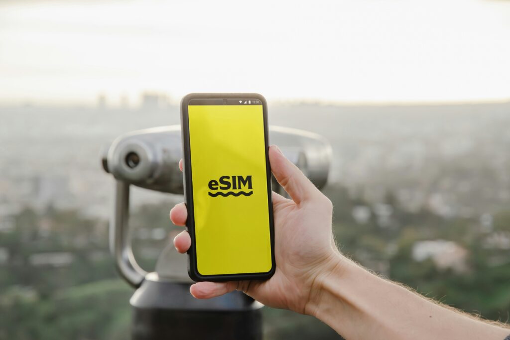 eSIMが表示されたスマートフォンを持ち、遠景を見下ろす構図のイメージ画像