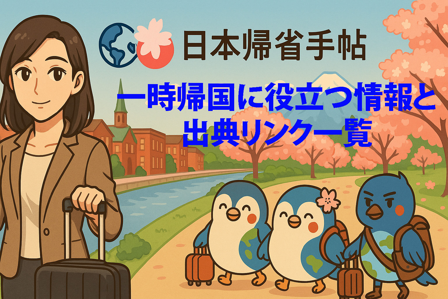 一時帰国に役立つ情報と出典リンク一覧のタイトルが描かれた、日本帰省手帖のイラスト