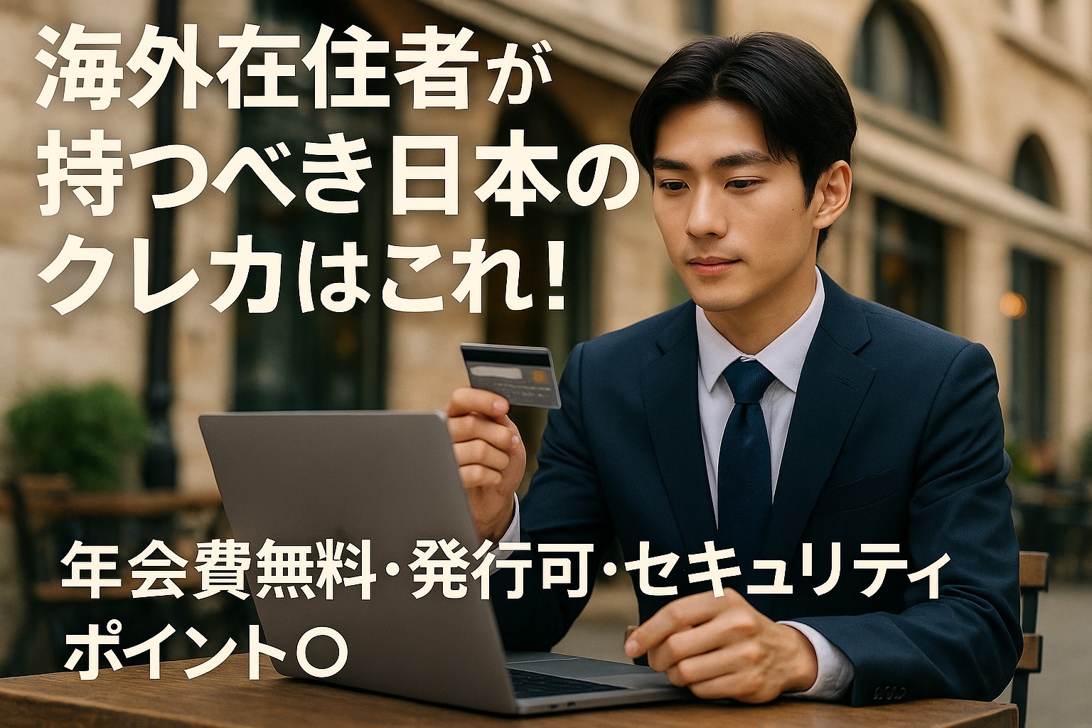 海外のおしゃれなカフェで日本のクレジットカードを使うスーツ姿の男性