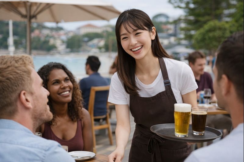 アジア人女性が海外のレストランでウェイトレスとして働いている様子。屋外で食事を楽しむ多国籍の客たちに笑顔でサービスをしている。