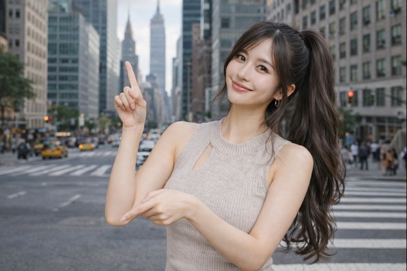 アジア人女性がニューヨークの街中で片手を上、もう片手を下に指差しながら笑顔でポーズをとっている。