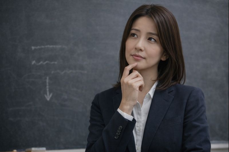 スーツ姿のアジア人女性が、正面を向きながら少し視線をそらし、考えている表情を見せている