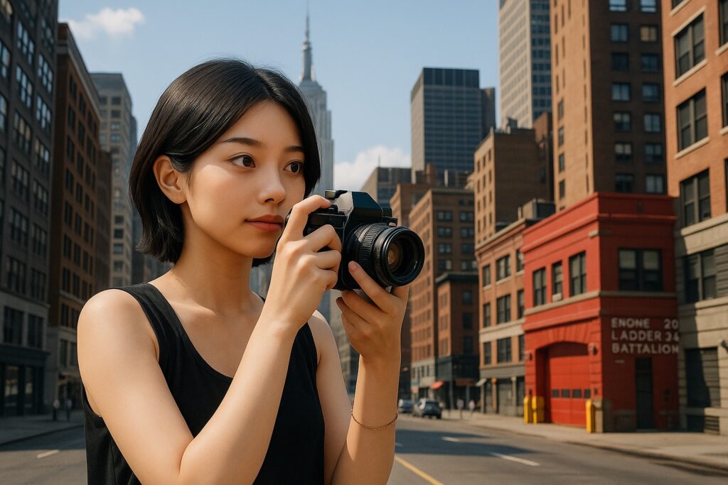 ニューヨークの街中で写真を撮影する若いアーティスト風の女性