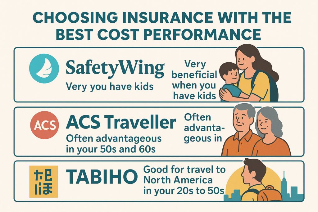 それぞれの旅行者が自分に合った保険を選んでいる様子。子ども連れの家族はSafetyWing、中高年の旅行者はACS Traveller、北米を旅する20〜50代の個人旅行者はTABIHOを選択。