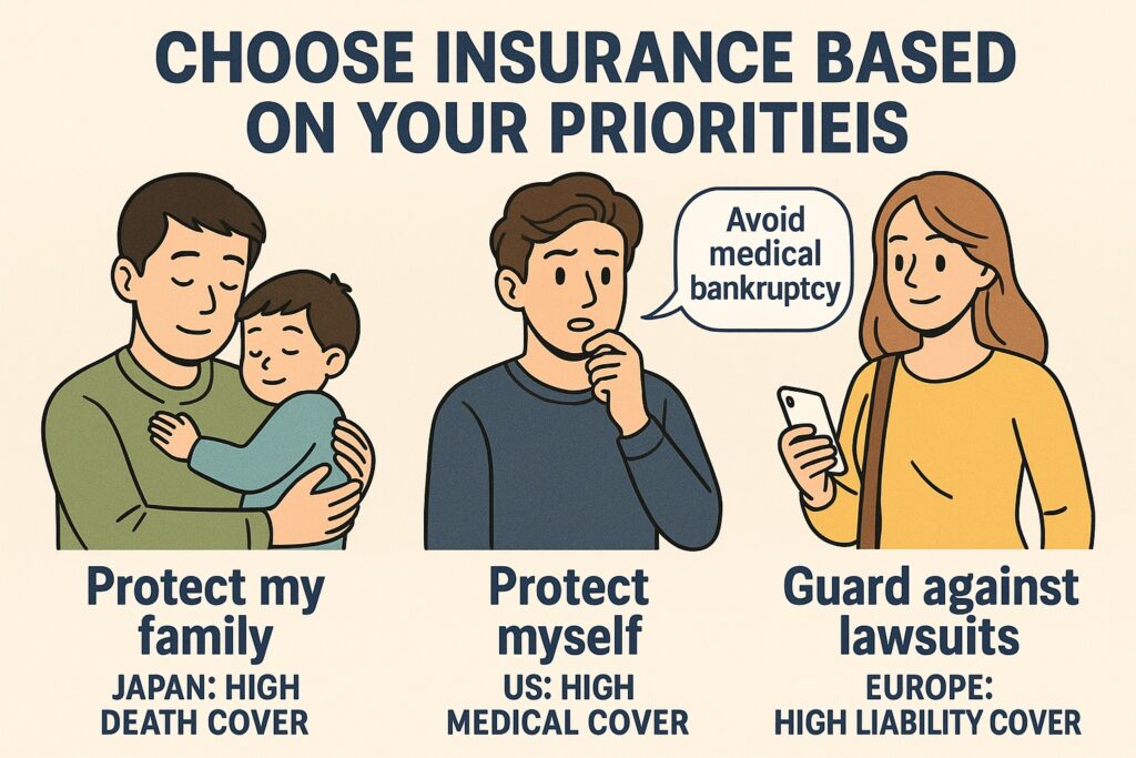 日本と欧米の海外旅行保険の補償内容の違いを示す図。日本は死亡補償重視、欧米は医療補償や賠償責任重視。