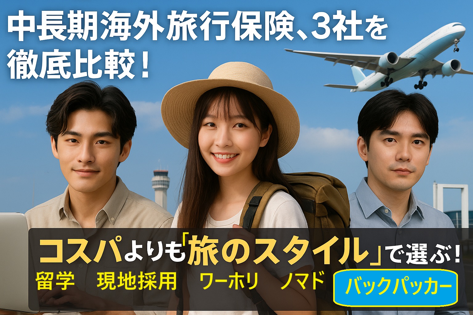 中長期の海外滞在向けに、留学・現地採用・ワーキングホリデー・バックパッカー・ノマドに対応した海外旅行保険を比較・解説したサムネイル画像