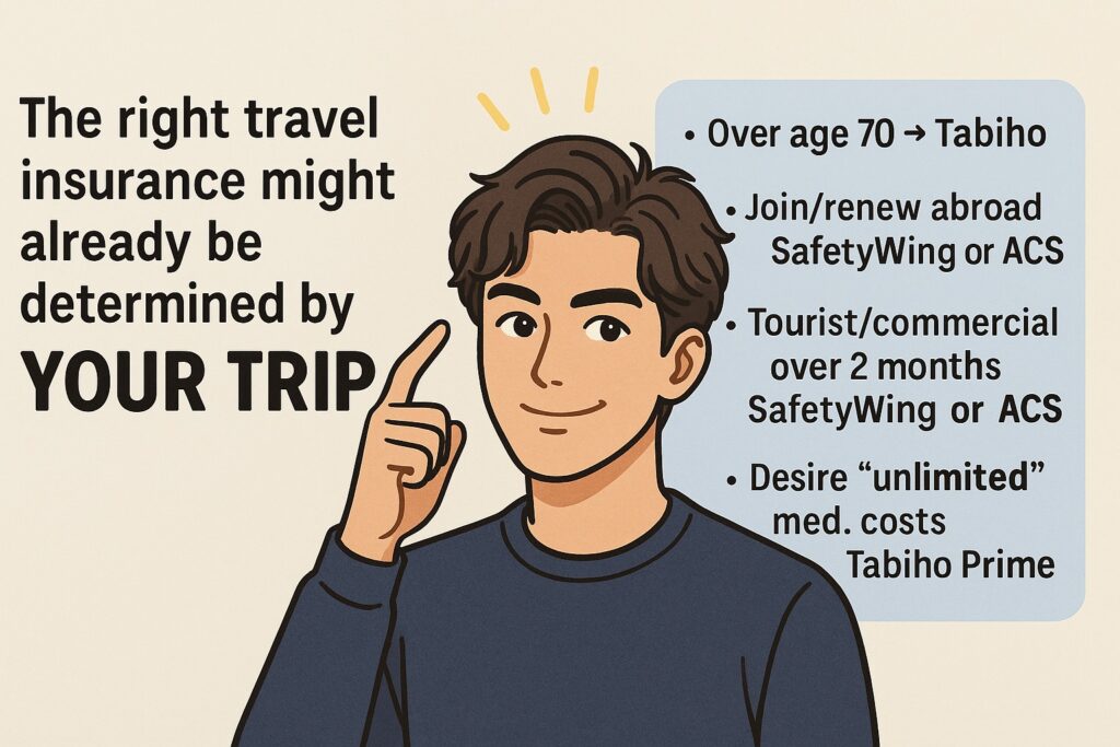 「中長期の海外旅行保険を旅のスタイル別に選ぶ図解：年齢制限、渡航スタイル、期間に応じて最適な保険が自動的に決まる」