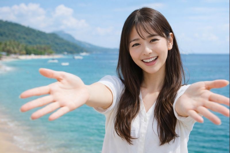 海辺で両手を広げて笑顔を見せる若いアジア人女性。旅行先で歓迎するようなポーズ。