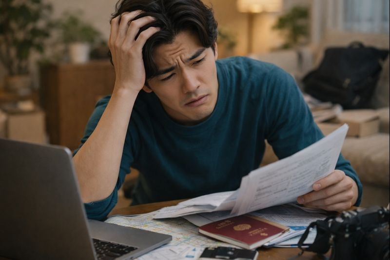 旅行前の準備に戸惑うアジア系男性の様子