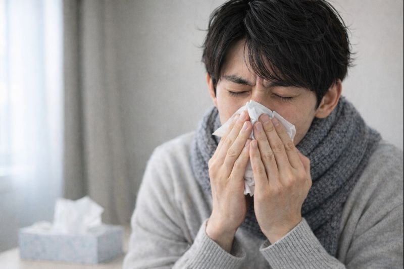 風邪の症状でティッシュを手に鼻を押さえる日本人男性