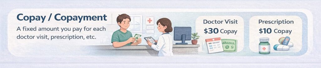 医療機関や薬局で、診察や処方ごとに定額の自己負担額（コーペイ）を支払う仕組みを示した図解