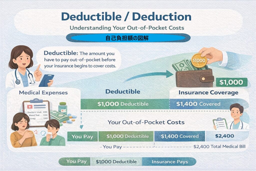 医療保険におけるデダクティブル（自己負担額）の仕組みを示し、一定額を自己負担した後に保険が適用される流れを説明した図解