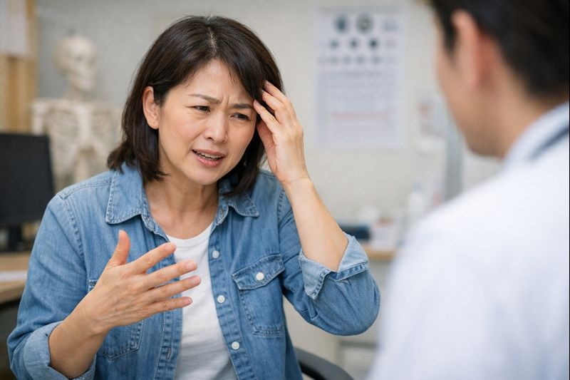 病院で英語がうまく出てこず、身振り手振りで症状を伝えようとするアジア人女性