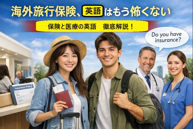 海外旅行保険と医療英語を学ぶ男女の写真風バナー。安心して保険を選べるようになるイメージ。