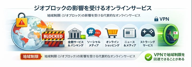 ジオブロック(地域制限)の影響を受けるオンラインサービスの例を示した図解。金融、政府機関、ソーシャルメディア、EC、ニュース、ストリーミングなどが対象となる。