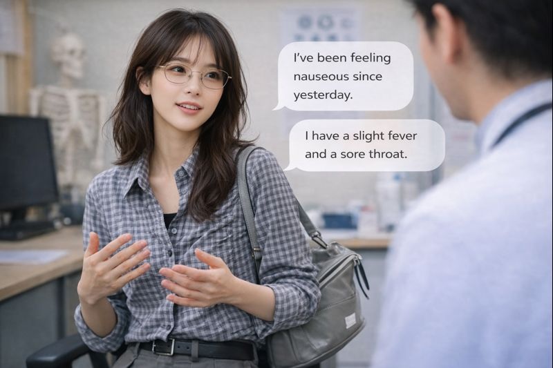 海外の診察室で、アジア人女性が医師に英語で症状を落ち着いて説明している様子。吹き出しで症状表現が示されている