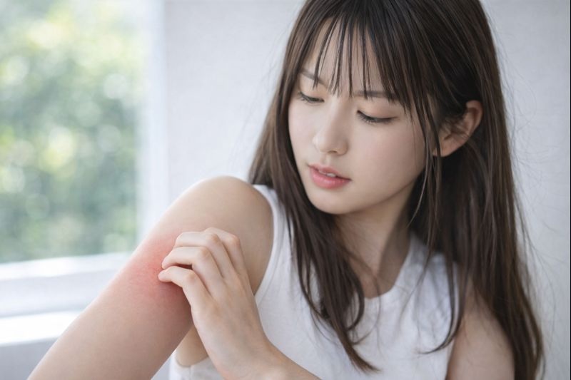 かゆみと赤みが出ている腕を掻く若いアジア人女性